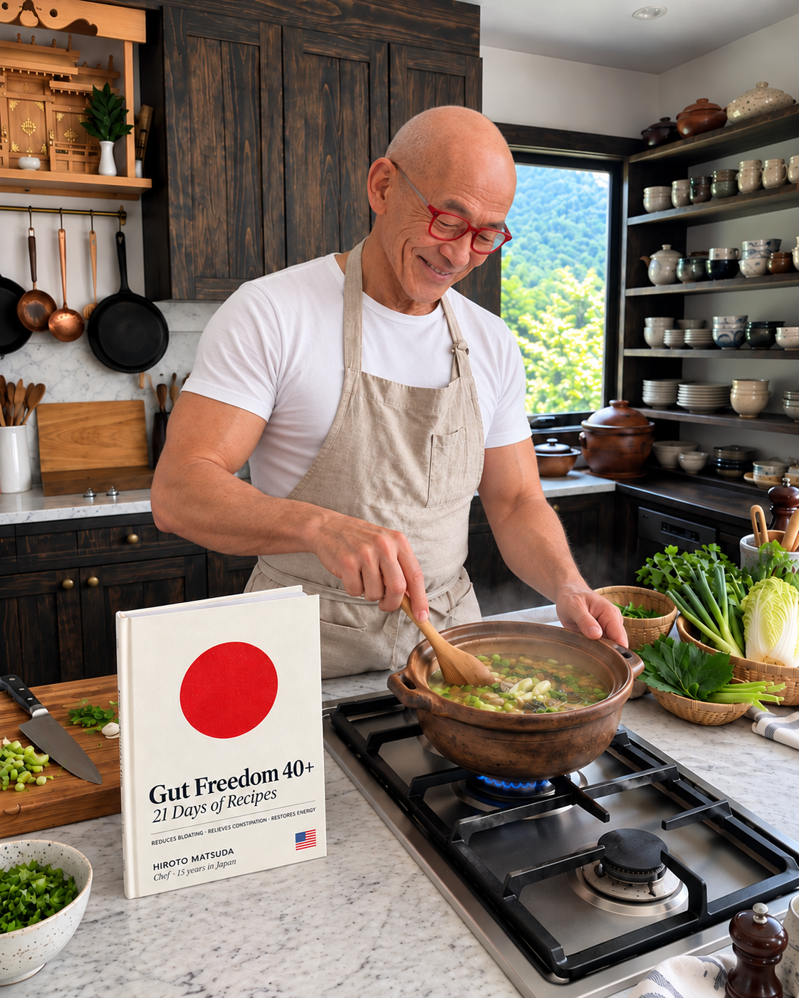 Hiroto Matsuda preparing soup beside his Gut Freedom 40+ recipe book