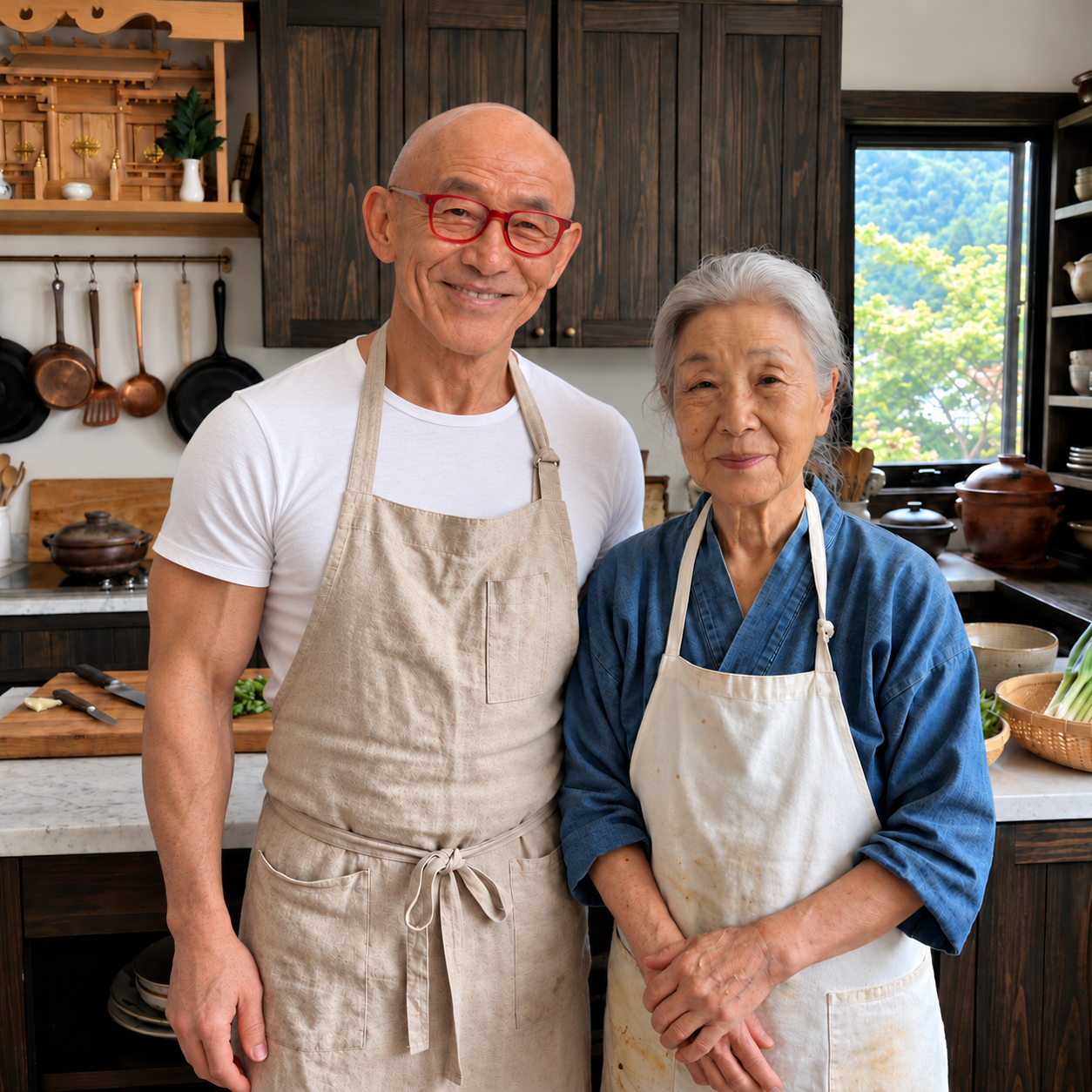 Hiroto Matsuda and an older woman in a sunlit Japanese-style kitchen